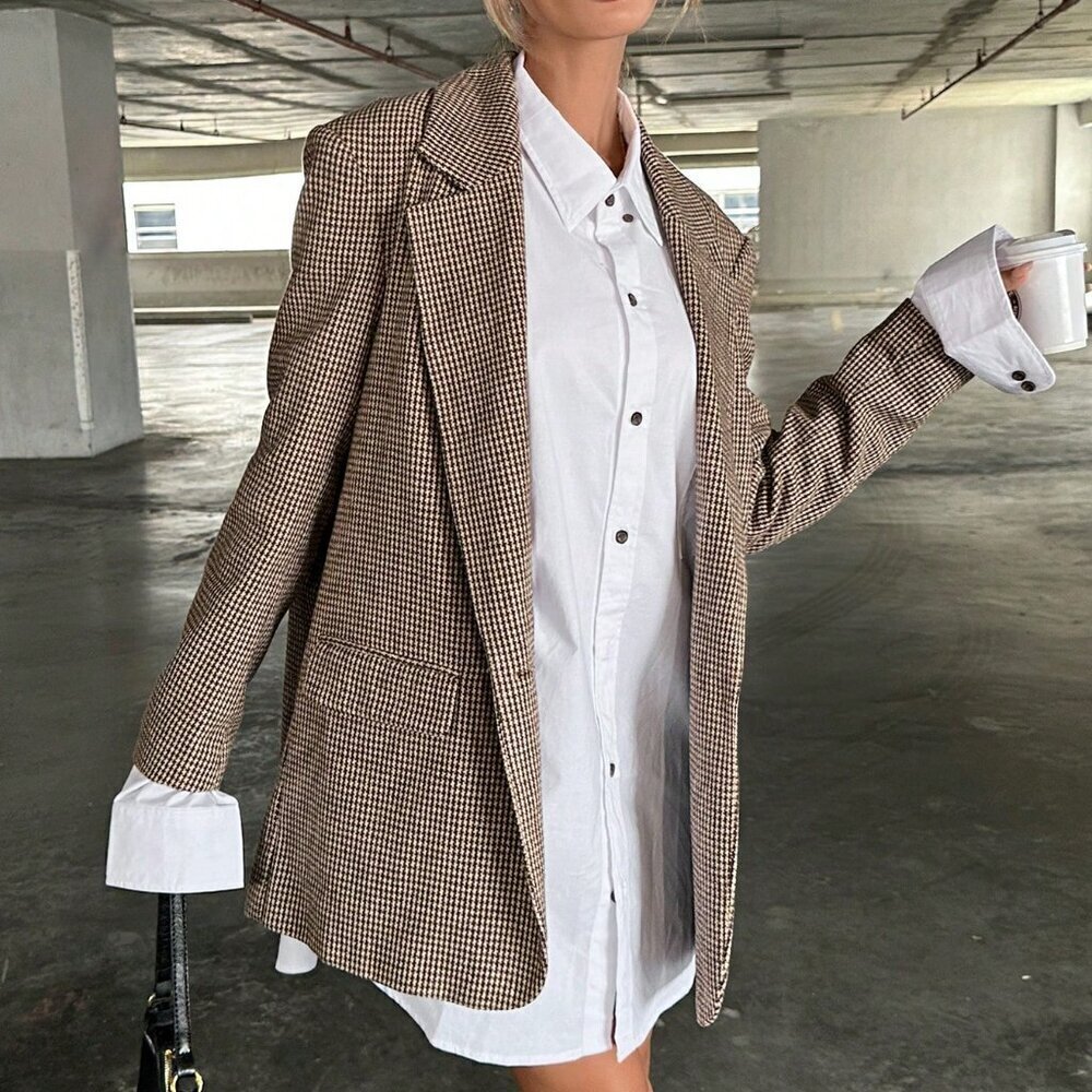 Brown Elegant Women's Lapel Collar Houndstooth Suit Jacket - Picture 2 of 5